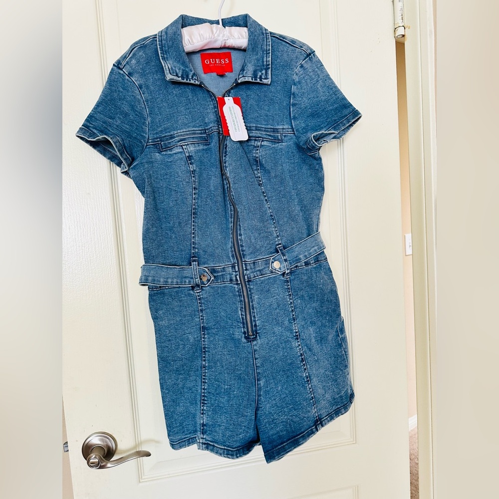 NWT girls large casual stretch Guess Blue Denim front Zippered Jumpsuit dress
